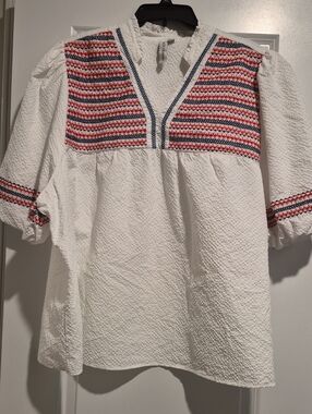 White Peasant Blouse with Red & Blue Embroidery 4th Of JULY